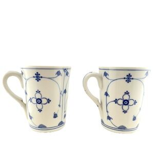 Vintage Moschendorf‎ Bavaria Blue White Strawflower Chocolate Cups Set of 2